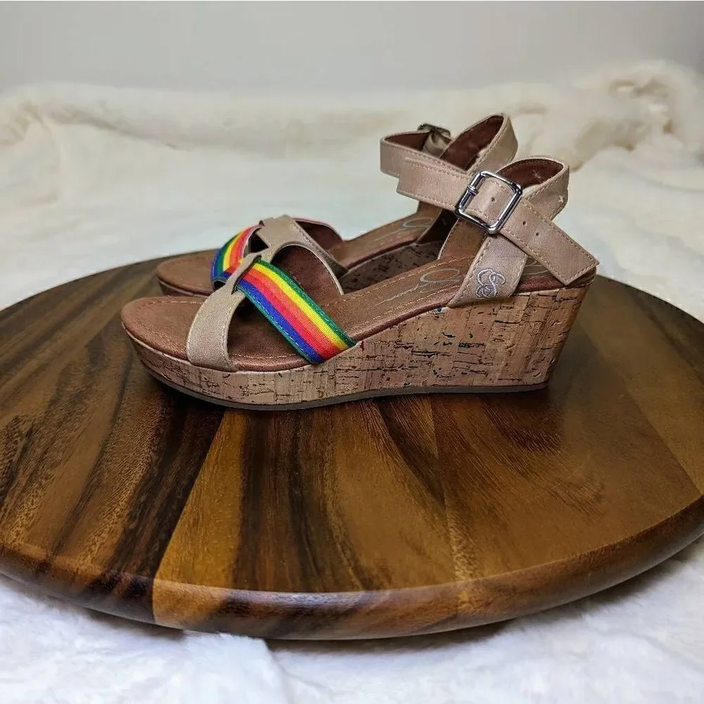 Jessica Simpson Kids Rainbow Strap Buckle Wedges Sandals Brown Size 4